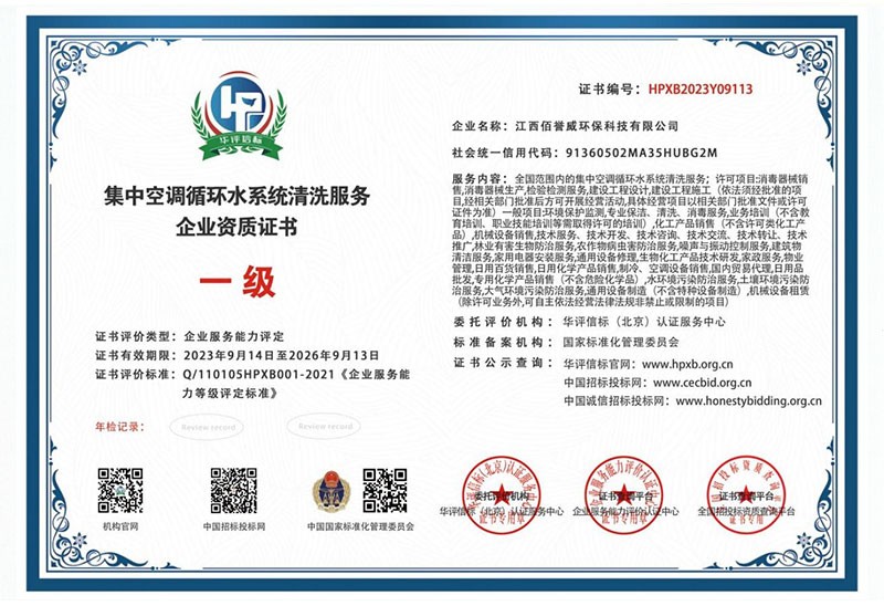 集中空调循环水系统清洗服务一级证书